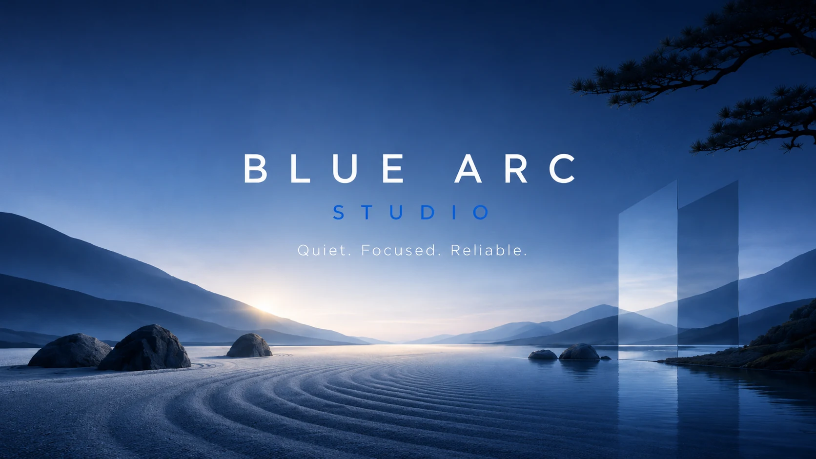 Blue Arc Studio brand artwork in a quiet Japanese garden scene.